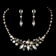 Gold Rhinestone and Pearl Bridal Necklace and Earrings Set