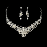 Silver Ivory Pearl Rhinestone Bridal Wedding Necklace Earring Set V1212
