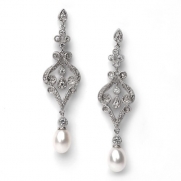 Bridal Earrings, Silver Vintage Chandelier Earrings with Pearl Drop 685