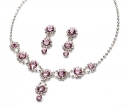Sparkling Pink Jewelry Set, Rhinestone Swirl & Crystal Necklace & Earrings 503 P