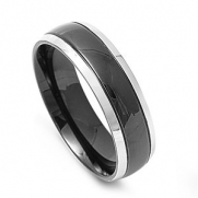 STR-0043 Stainless Steel Shiny Polished Black With Silver Edge Band Ring; Comes With Free Gift Box (8)