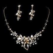 Gold Rhinestone Floral Bridal Wedding Necklace Earring Set