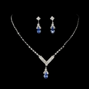 Silver Blue Rhinestone Crystal Drop Bridal Wedding Necklace Earring Set