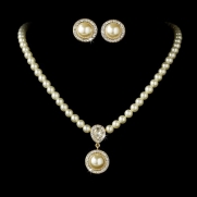 Gold Ivory Pearl Crystal Victorian Bridal Wedding Necklace Earring Set