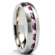 5.5MM Matte Finish Eternity Titanium Ring Wedding Band with Pink and White CZ Size 7