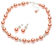 Lustrous Peach Pearl & Rhinestone Necklace & Earring Jewelry Set 1360 PC