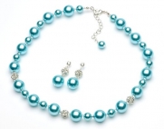 Lustrous Aqua Pearl & Rhinestone Necklace & Earring Jewelry Set 1360 AQ