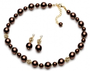 Lustrous Brown Pearl & Rhinestone Necklace & Earring Jewelry Set 1360 BR