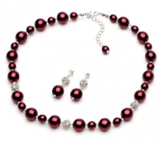 Lustrous Burgundy Pearl & Rhinestone Necklace & Earring Jewelry Set 1360 M