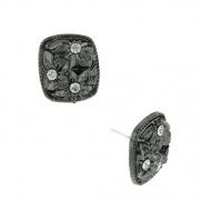 Jet Black Square Floral Crystal Stud Earrings