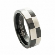 6mm Ladies Black Tungsten Carbide Wedding Ring with Laser Etched Black & White Checkered Pattern Design Anniversary/engagement/wedding Bands (6mm Ladies' Ring, 8)