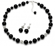 Lustrous Black Pearl & Rhinestone Necklace & Earring Jewelry Set 1360 BL