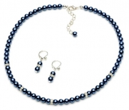 Navy Pearl & Rhinestone 2-Piece Jewelry Set, Necklace & Earrings 1363 N