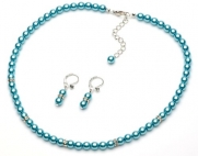 Aqua Pearl & Rhinestone 2-Piece Jewelry Set, Necklace & Earrings 1363 AQ