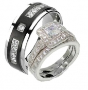 Edwin Earls 3 Pieces His & Hers Sterling Silver & Titanium Matching Engagement Wedding Bridal Ring Set. Available Sizes (Men's 9-13); (Women's Set: 5-,9) Please Email Us with Your Sizes.