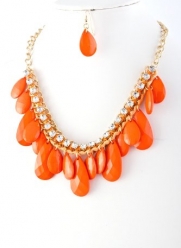 Gold with Clear Crystal Rhinestones and Orange Teardrop Cluster Necklace and Earring Set Fashion Jewelry