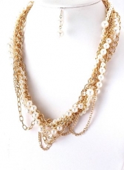 Gold with Twisted Multi Chain and Pearl Wrapped Necklace and Earring Set Fashion Jewelry