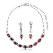 Silver Tone Red Rhinestone Wedding Bridal Necklace Earrings 2-Pc Set