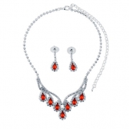 Silver Tone Red Rhinestone Wedding Bridal Necklace Earrings 2-Pc Set
