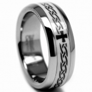 8MM Titanium Ring with White Ceramic Inlay, Laser Etched Cross, Celtic Design Size 8