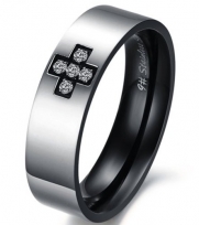 Black Silver Polished 316l Stainless Steel Rings Polished Heart Cross Cz Matching Wedding Bands (Men's Ring 6mm, 9)