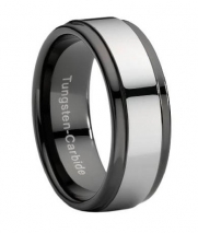 Men's Two Tone 9mm Comfort Fit Tungsten Wedding Ring With Polished Silver Tone Center and Black Edges