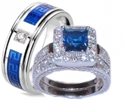 Edwin Earls His & Her 3 Piece Sapphire Blue & Clear Cz Wedding Ring Set Sterling Silver and Stainless Steel (Womens 5-10)(mens 9-13) Please Email Us the Sizes That You Need After the Sale.