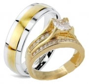 Edwin Earls Yellow Gold Plated His & Hers 3 Piece Engagement Wedding Ring Set (Women's 5-11) (Men's 6-13) Email Your Sizes to Us After You Purchase.