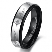 Men - Size 7 - KONOV Jewelry Fashion Titanium Stainless Steel Forever Love Couples Promise Ring Mens Womens Ladies Engagement Wedding Bands with Cubic Zirconia, Color Black Silver (with Gift Bag)