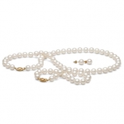 AA+ Quality, 7.5-8.0 mm, White Freshwater Pearl Set, 16-inch Necklace, 7.5-inch Bracelet, Earrings, 14k White Gold