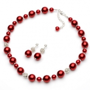 USABride Lustrous Red Simulated Pearl & Rhinestone Necklace and Earring Jewelry Set 1360 R