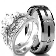Wedding rings set His and Hers TITANIUM & STAINLESS STEEL Engagement Bridal Rings set (Size Men's 11 Women's 6)