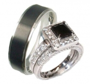 Edwin Earls His & Her 3 Piece Black & White Cz Wedding Ring Set Sterling Silver and Stainless Steel (5, Mens-Size 12)