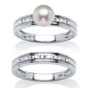 Freshwater Pearl and Diamond Accent 2 Piece Bridal Ring Set in Platinum Over Sterling Silver