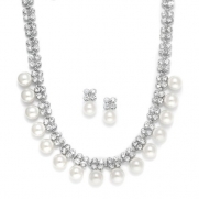 Silver-Tone White Simulated Pearl Rhinestone Bridal Necklace Earring Set
