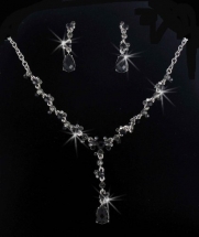 Silver-Tone Black Crystal Cluster Wedding Necklace Earring Set with Drop