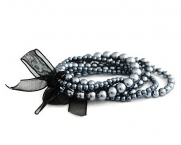 Multi-Strand Black Hematite/Silver Pearl Bracelet with Ribbon - Bridesmaid Jewelry