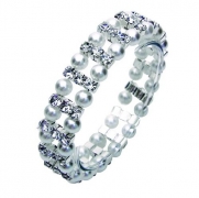 Double Row White Pearl & Crystal Rhinestone Stretch Bracelet - White Wedding Jewelry