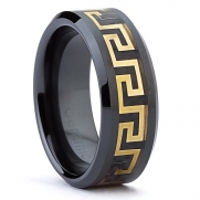 8MM Black Ceramic Wedding Band Ring with Gold Color Greek Key Over Carbon Fiber Inlay Size 9