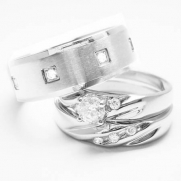 His & Hers 3 Pieces, 925 STERLING SILVER & STAINLESS STEEL Engagement Wedding Ring Set (Size Men's 10 Women's 12)