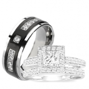 3 Pieces Men's Women's, His & Hers, 925 Sterling Silver & Titanium Engagement Wedding Ring Set (Size Men's 11 Women's 8)