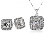 Sterling Silver and White Swarovski Crystal Square Stud Earrings and Pendant Necklace (18) Jewelry Set