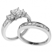 Lanyjewelry Three Stone 6mm Princess CZ Stainless Steel Wedding Ring Set-10
