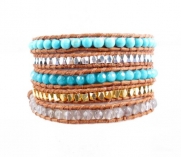 4mm Turquoise, Gold & Silver and Glass Beads Wrap Bracelet on Brown Leather (33) (F350)