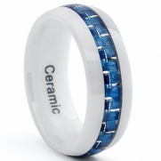 White Ceramic Men's Wedding Band With Blue Carbon Fiber Inlay, Comfort Fit Ring, 8mm Size 7.5