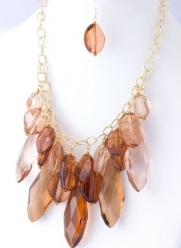 Gold with Brown Tone Double Layer Jewel Necklace and Earring Set Fashion Jewelry