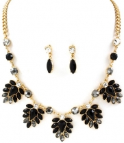 Black Jewels and Crystals Marquise Gold Chain Statement Necklace and Earring Set Fashion Jewelry