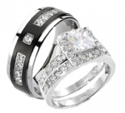 Edwin Earls His & Hers 3 Piece Engagement Wedding Ring Set Halo Cz Wedding Ring Set Sterling Silver (Mens-Size 10, 6)