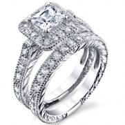 0.75 Carat Princess Cut Designer inspired, Carved Sterling Silver Engagement Ring Wedding Band Bridal Set with Cubic Zirconia Size 9