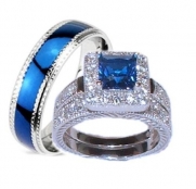 Edwin Earls His & Her 3 Piece Sapphire Blue & Clear Cz Wedding Ring Set Sterling Silver and Stainless Steel (5, Mens Size 10)
